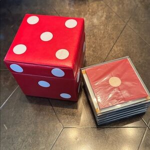Vintage Red Dice Ottoman with Coasters